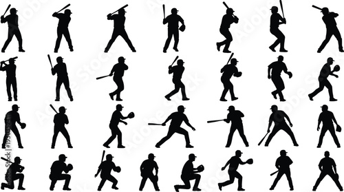 Large Set of Baseball Player Silhouettes Featuring Batters Pitchers and Catchers in Various Athletic Poses Isolated on White Background for Sports Graphic Design Illustrations