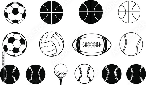 Large set of diverse sports ball icons including soccer basketball football baseball and tennis silhouettes in black and white for athletic equipment or competition designs