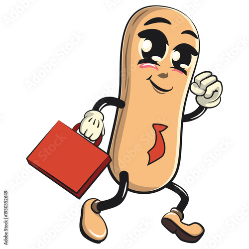 cute ladyfinger biscuit mascot character with a suitcase rushing to the office, isolated vector illustration, work of hand drawn