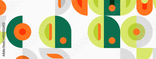 Retro pattern features overlapping circles, semicircles. Colors include green, orange, gray, pale yellow. Simple geometric design repeats seamlessly.