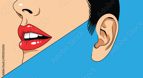 Whispering secret concept illustration, close up lips speaking to ear, gossip communication, confidential message, rumor sharing, private conversation vector art