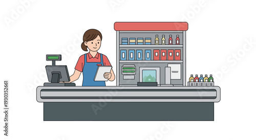 A female shopkeeper stands behind a counter with products for sale