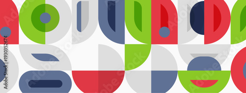 Geometric shapes repeat, forming seamless pattern. Colors include red, green, blue, gray. Modern design element.