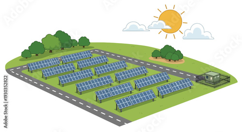 A sunny day illuminates a large solar panel farm with green trees