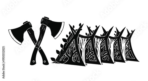 Two crossed axes stand ready beside a line of stylized, primitive shelters.