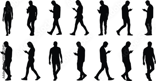 Large vector collection of diverse person silhouettes walking and standing while using smartphones for digital communication mobile app marketing and modern social media design projects