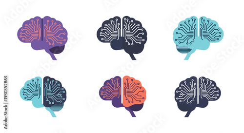 Stylized brains with circuit patterns in varying colors isolated on white