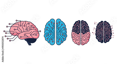 Four stylized brains with circuit patterns representing artificial intelligence concepts