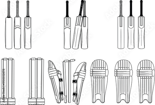 Large vector collection of cricket equipment icons including bats wickets and leg guards for professional sports branding athletic training competition and cricket club design projects