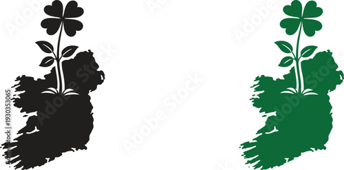 Ireland Map with Growing Shamrock Plant – Saint Patrick’s Day Irish Growth Symbol Minimal Vector
