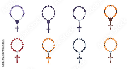 Collection of colorful rosaries with crosses in a grid arrangement