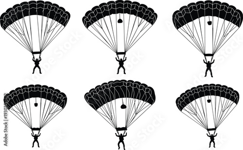 Large vector collection of paraglider and skydiver silhouettes drifting in the air with open parachutes for extreme sports adventure tourism and outdoor aviation design projects