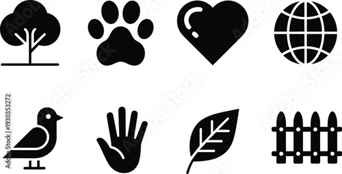 Vector illustration set of environmental and community icons including tree, paw print, heart, globe, bird, hand, leaf, and fence.
