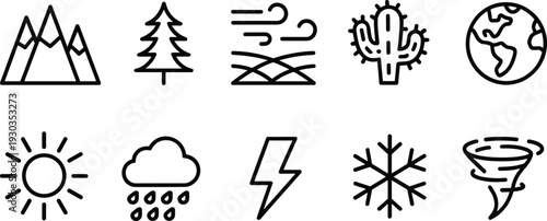 Vector illustration set of natural environment and weather icons including mountains, trees, globe, sun, rain, snowflake, tornado, lightning, cactus.