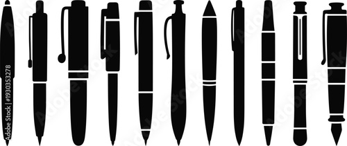 Silhouette of various pen types, ballpoint, fountain, gel pens, writing instruments, office supplies, stationery collection, isolated black vector, creative tools, education, business essentials