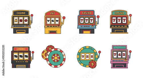 Colorful cartoon illustration of various casino slot machines and games