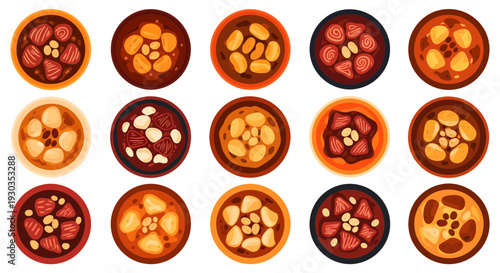 Top View Thai Massaman Curry Bowls Vector Set with Beef Potatoes and Peanuts Illustration