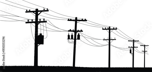Silhouette of power lines and electrical poles with cables, utility infrastructure, electrical grid system, transmission lines on white background, energy distribution concept.