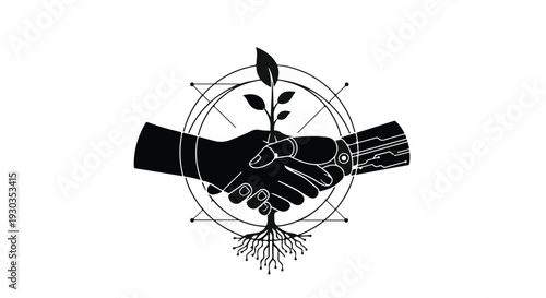 Symbolic handshake with growing plant and roots, representing partnership and growth