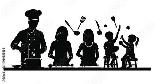 Family enjoys cooking together in a cheerful kitchen scene
