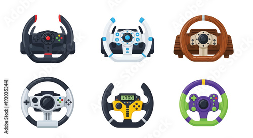 Collection of colorful steering wheels and gaming controllers flat vector icons