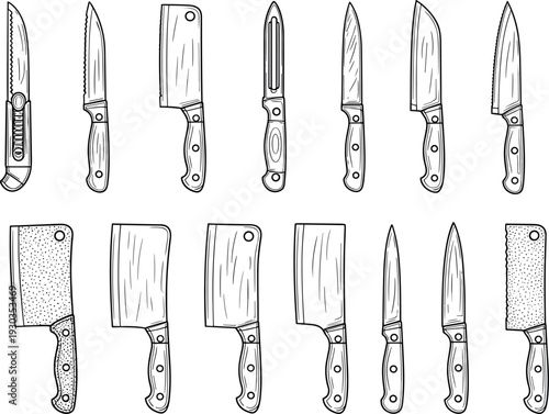 Large vector collection of professional kitchen knife and butcher cleaver icons including chef knives paring blades and meat choppers for culinary restaurant and cooking design