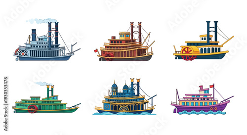 Colorful illustration depicting a collection of vintage paddlewheel riverboats
