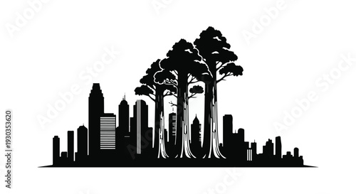 Urban skyline merges with majestic forest trees, symbolizing nature's resilience within cityscapes.