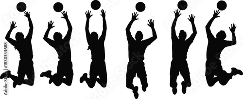 Large vector collection of volleyball player silhouettes in various jumping and spiking action poses for sports competition team branding athletic training and tournament design projects