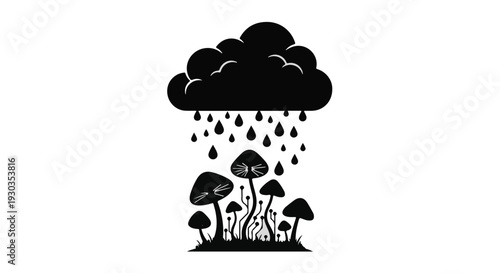 Whimsical illustration of mushrooms growing under a rain cloud