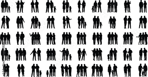 Massive collection of family silhouettes featuring couples with children and groups of people standing together for community social bonding and diverse demographic representation