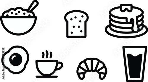 Vector illustration set of seven black breakfast icons showing cereal bowl, bread slice, pancakes, fried egg, coffee cup, croissant, juice glass.