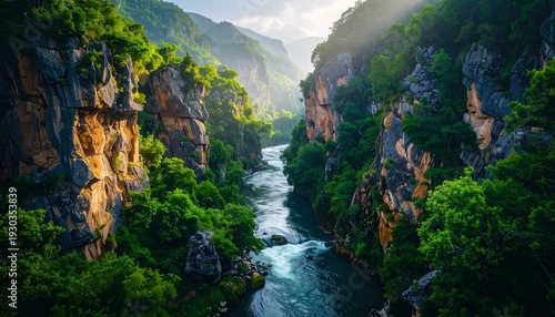 Serene firefly river winding through lush, vegetation-covered rocky cliffs under a hazy sky, capturing a dramatic natural landscape.