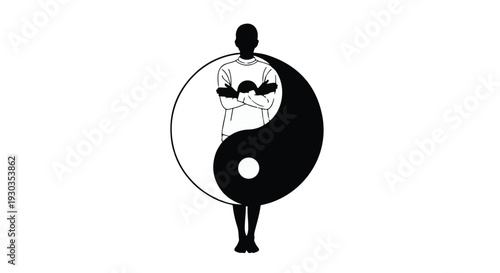 Person in silhouette embracing yin yang symbol representing balance and harmony
