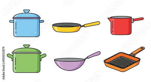 Colorful cartoon illustration of various cooking pots and pans