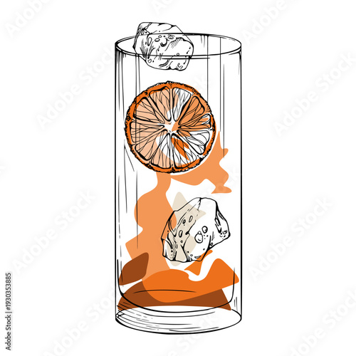 Vector Long Island Iced Tea with orange citrus wedge, ice cubes in highball glass hand drawn in ink. Amber tones and subtle transparency effects for modern bar visuals, branding, and pattern design.