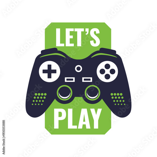 Let's Play Gaming Badge with Modern Gamepad Controller and Green Shield. Background