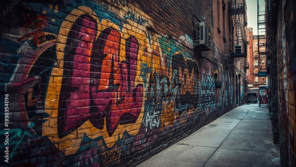 Naklejka premium Colorful graffiti mural on brick alley wall with urban fire escape