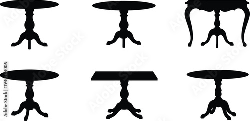 Silhouette of vintage and modern tables, round and rectangular designs, antique wooden furniture, classic home decor, elegant interior design vector illustration
