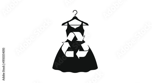Black dress with recycling symbol on hanger, symbolizing sustainable fashion and eco-friendly clothing.