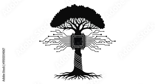 Tree of technology symbolizes growth and innovation with circuit board trunk