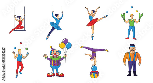 Colorful cartoon illustration depicting various circus performers and acts
