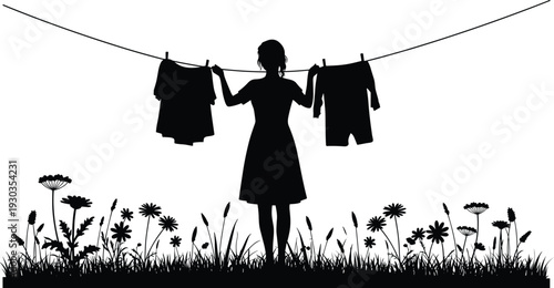Silhouette of woman hanging clothes on laundry line outdoors, drying garments, nature background, rural lifestyle, domestic work, fresh air, countryside scene