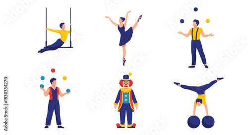 Colorful illustration depicting diverse circus performers and their acts