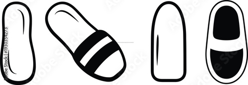 Vector illustration set of slipper and sandal icons, outline and filled styles, footwear graphics for fashion, casual shoes, summer design elements