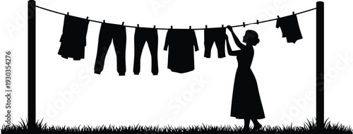 Silhouette of woman hanging laundry on outdoor clothesline, drying clean clothes in fresh air, washing line, grass, sunshine, domestic chore scene
