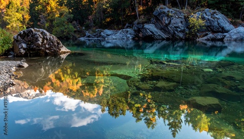 Serene river with clear water and natural reflections surrounded by autumnal trees and rocky terrain