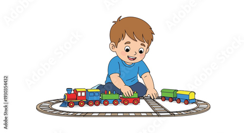 A young boy happily plays with a colorful toy train set on tracks