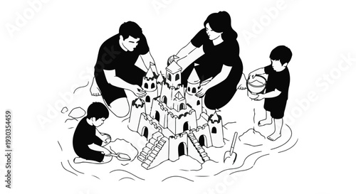 Joyful family creating a sandcastle together on a sunny beach day.