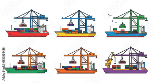 Colorful illustration depicting container ships and port cranes in a harbor